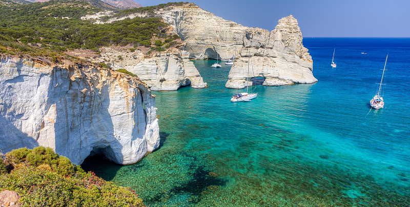 希腊,岛,看风景,基克拉迪群岛,非凡的,黄玉,有帆船,鲜绿色,水,翡翠绿宝石