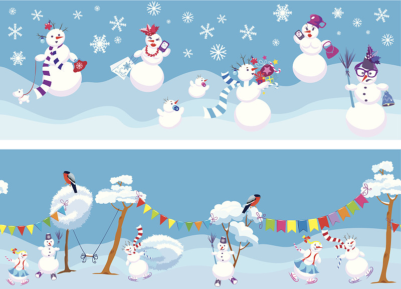 水平画幅,雪人,背景,可爱的,贺卡,纺织品,雪,无人,绘画插图