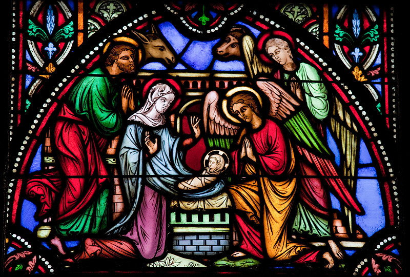 耶稣降生,彩色玻璃,伯利恒,镶铅条的窗玻璃,圣玛丽,天使,约瑟