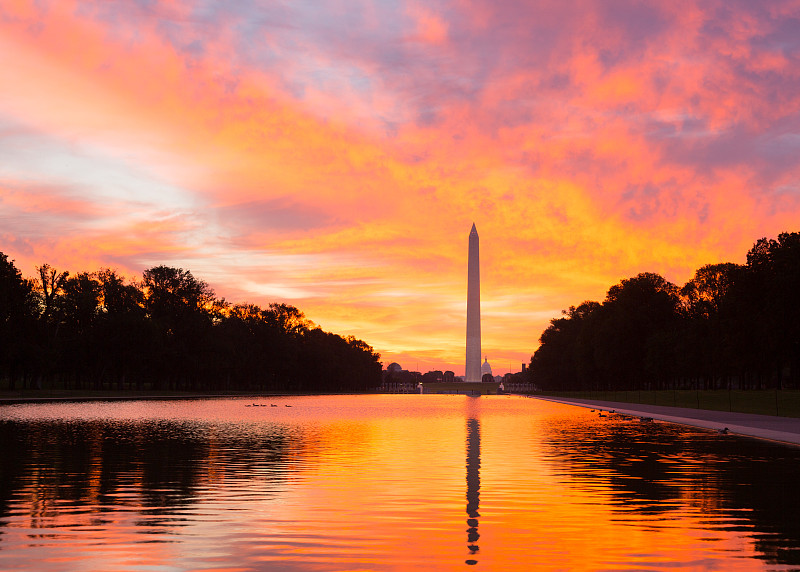 华盛顿特区,倒影池,黎明,在上面,华盛顿纪念碑,林肯纪念碑,纪念碑,水,天空