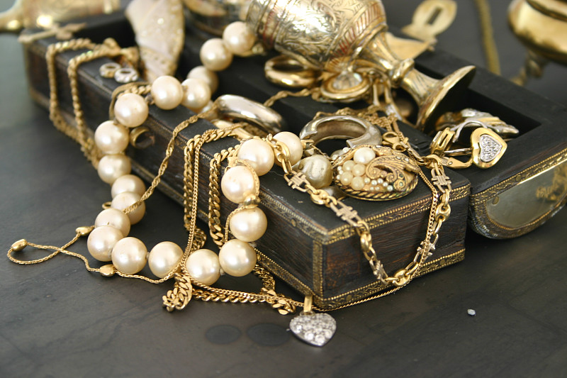 百宝箱,首饰盒,古董,装饰品,珠宝,珍珠首饰,项链,宝石,水平画幅,高视角