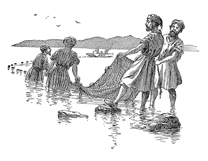 鱼网,19世纪风格,绘画插图,渔夫,雕刻图像,渔网捕鱼,使徒,拖拽,岩石海岸线
