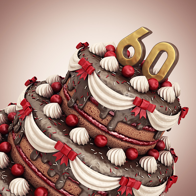 周年纪念,第六十岁生日,黑森林蛋糕,巧克力慕司蛋糕,数字60,夹心蛋糕,巧克力蛋糕,德国大蛋糕,德国食物,正面视角