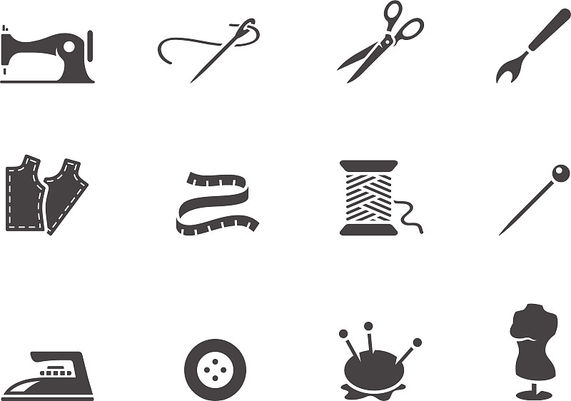 符号,黑白图片,纺织品,钉垫,裁缝样式,绘画插图,制造机器,熨斗,线绳,缝纫