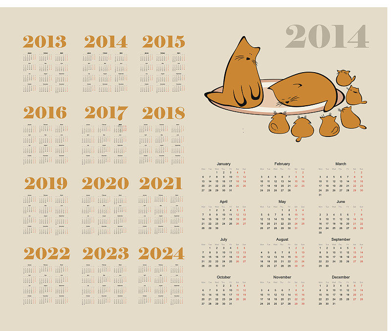 2014年,猫,日历,2023年,2024,2021,2020,2019,可爱的,家庭