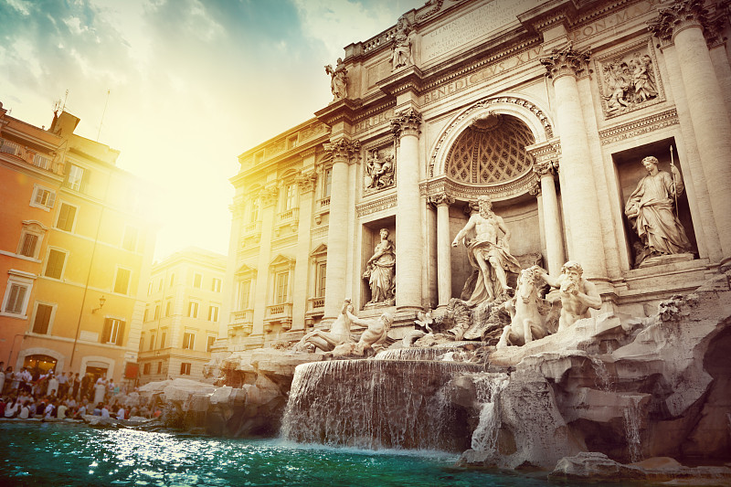 特莱维喷泉,罗马,乔瓦尼洛伦佐贝尼尼,特莱维广场,海王神,喷泉,意大利,纪念碑,水,天空