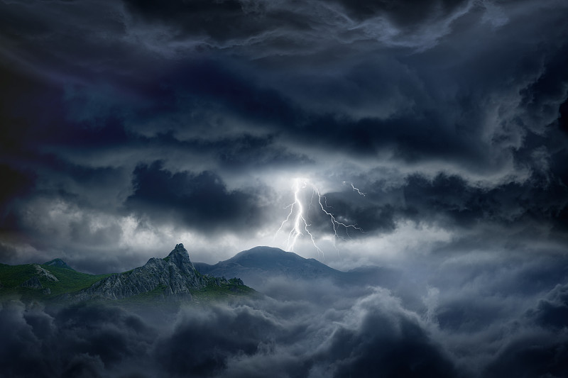 山,黑云压城,天空,暴风雨,气候,水平画幅,无人,户外,戏剧性的天空,闪电