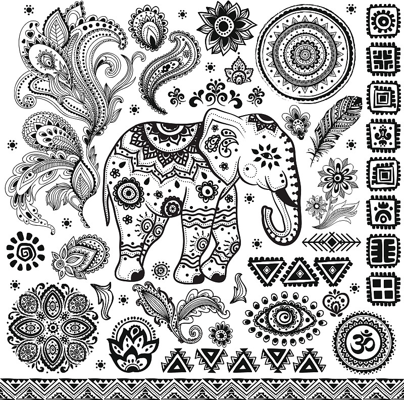 式样,曼荼罗,螺旋花纹呢,象,翎毛,印度,梦符咒,符号,乱画,绘画插图