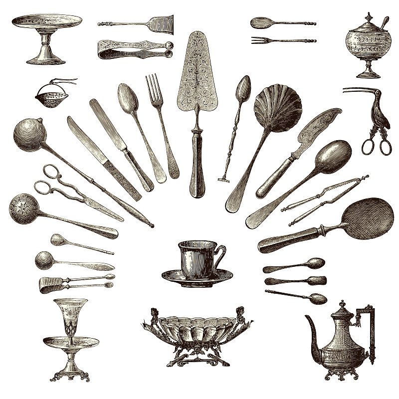 时间,茶,雕刻图像,雕刻术,维多利亚女王时代风格,19世纪风格,1900,蛋糕台,茶杯,叉
