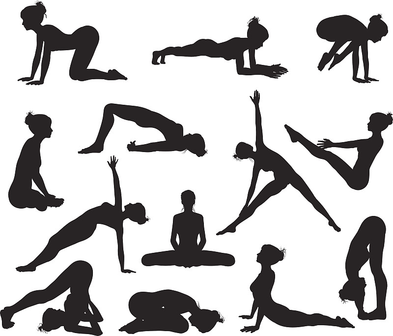 瑜伽,弹性,手碰大脚趾式,半月的位置,平板支撑,拜日式瑜伽姿势,三角形式瑜伽姿势,杂技瑜伽,普拉提,,勇士式瑜伽姿势
