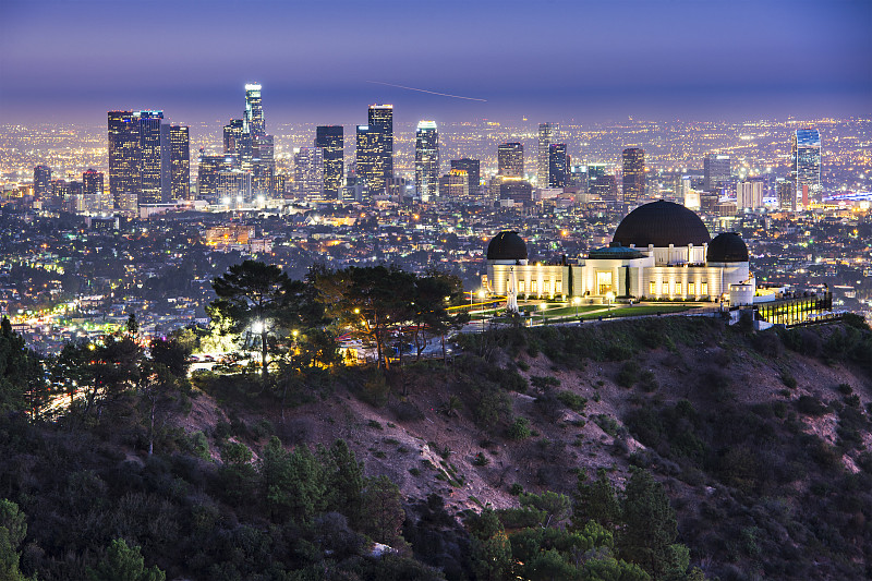 洛杉矶,天空,水平画幅,夜晚,洛杉矶县,交通,曙暮光,户外,美洲,天文台