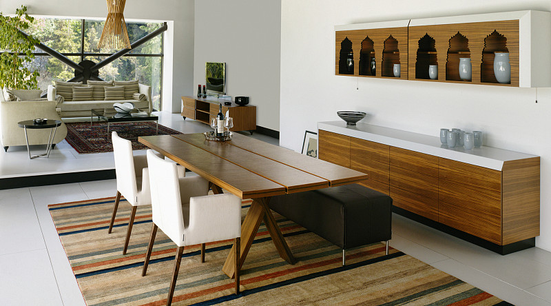 起居室,现代,宽的,餐桌,边几,茶几,水平画幅,无人,椅子