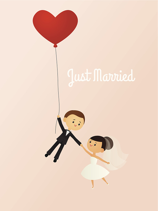新婚夫妇,新婚,新郎,婚姻,新娘,婚礼,气球,无尾礼服,绘画插图,伴侣