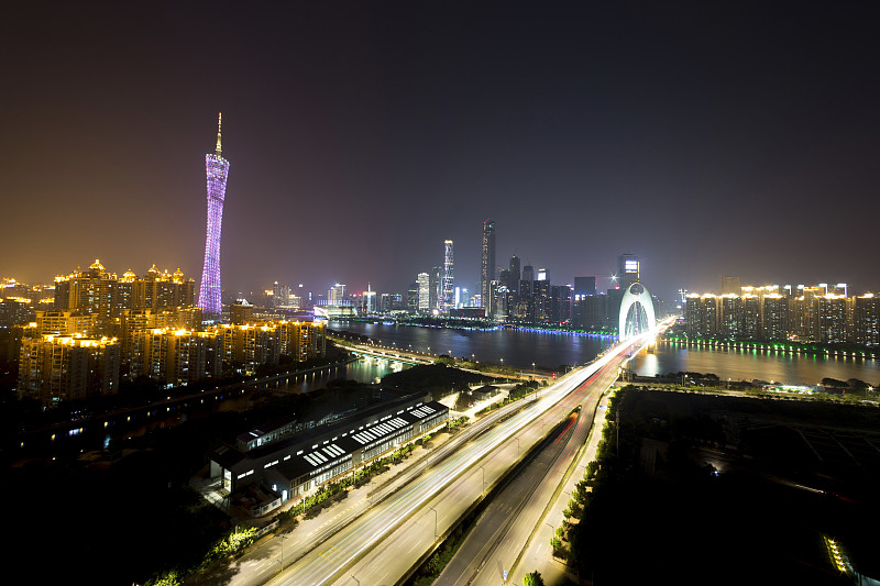 夜晚,交通,都市风景,运动模糊,桥,背景聚焦,广州,天空,水平画幅,户外