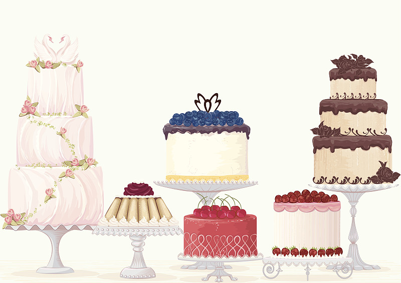 蛋糕,华丽的,餐具,艺术,樱桃,绘画插图,奶泡,奶油,烘焙糕点,商店