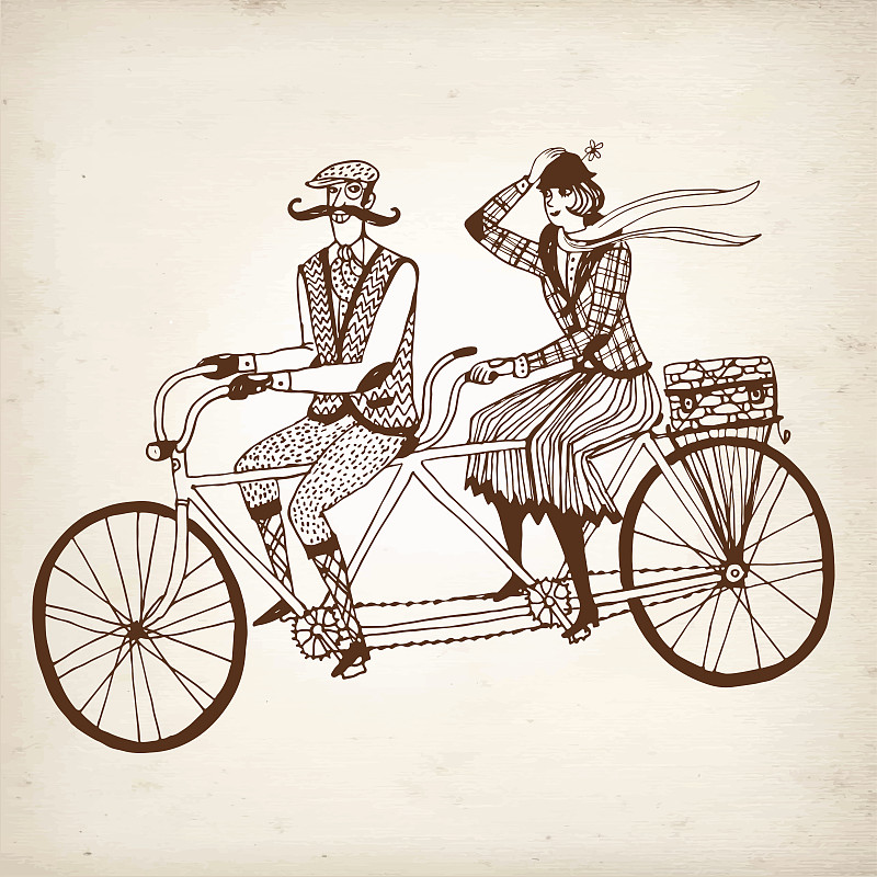 绘画插图,矢量,骑自行车,双人自行车,斜纹软呢,特色服装,野餐篮,自行车篮子,休闲活动,古老的