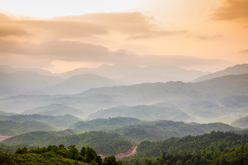 早晨,山,在下面,雾,福州,江西省,自然,草地,水平画幅,无人