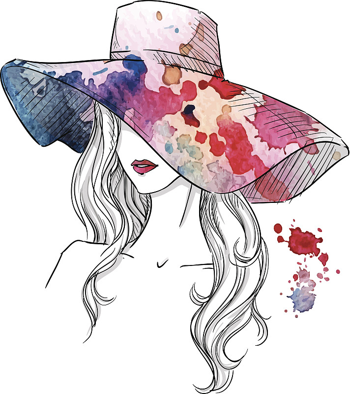 帽子,草图,举起手,女孩,时尚插画,水彩颜料,水彩画颜料,时装模特,时尚,手工着色