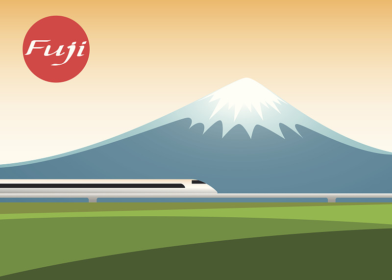 新干线,绘画插图,矢量,富士山,火车,高速列车,美,夜晚,早晨,户外