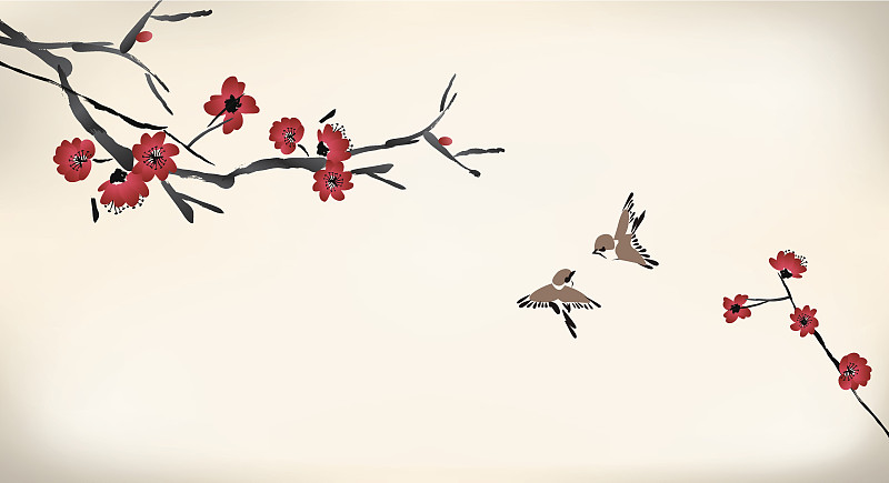 花朵,绘画作品,鸟类,绘画艺术品,樱花,李子,墨水,枝,水彩颜料,樱桃