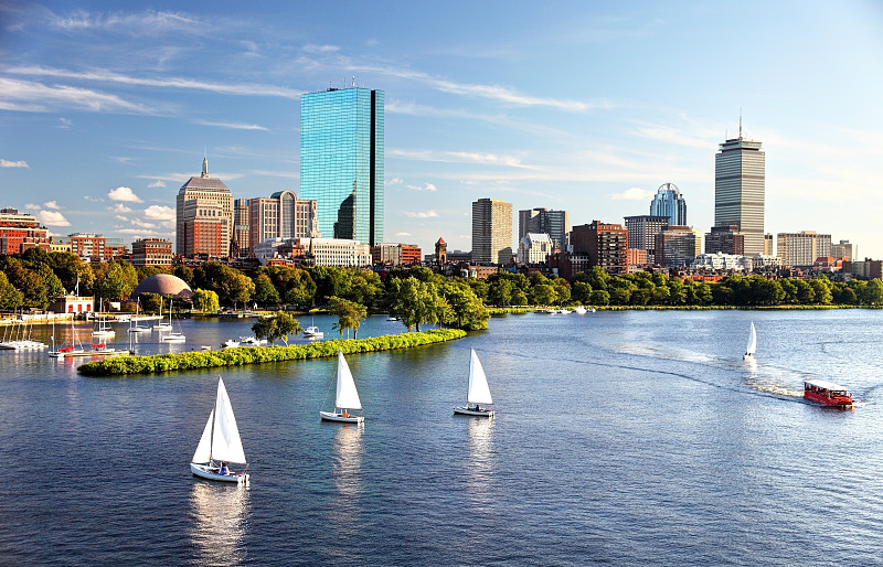 波士顿,后湾,查尔斯河,马萨诸塞,新英格兰,有帆船,金融区,市区,城市天际线,河流