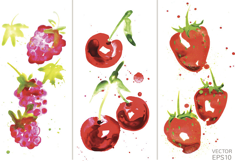 浆果,水彩画,覆盆子,樱桃,水彩画颜料,绘画插图,果汁,组物体,白色