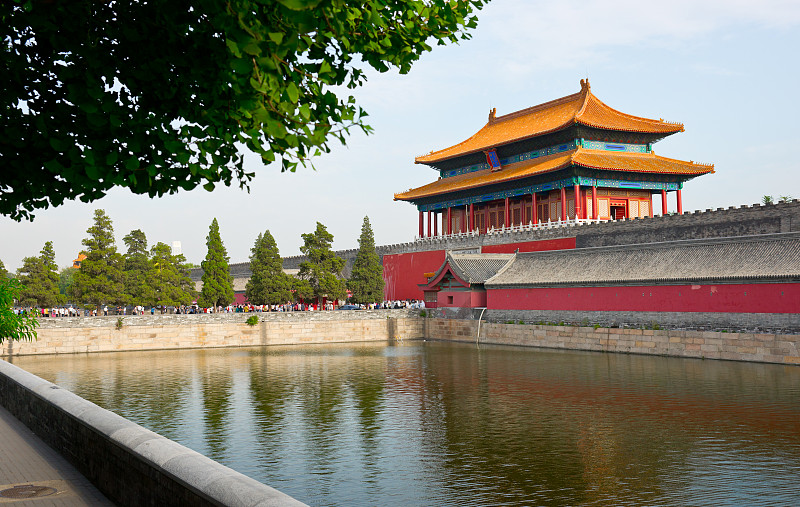 故宫,北京,神武门,清朝,明朝风格,银杏树,天空,石墙,水平画幅,古老的