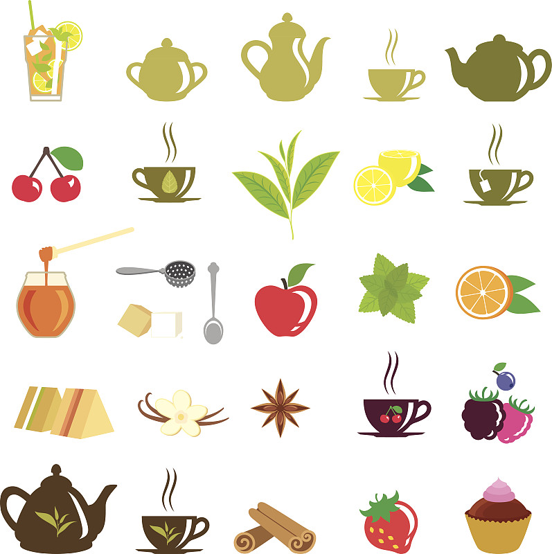 茶树,符号,茶叶,薄荷叶,香草兰,糖罐,滤茶器,烧水壶,花茶,绿茶