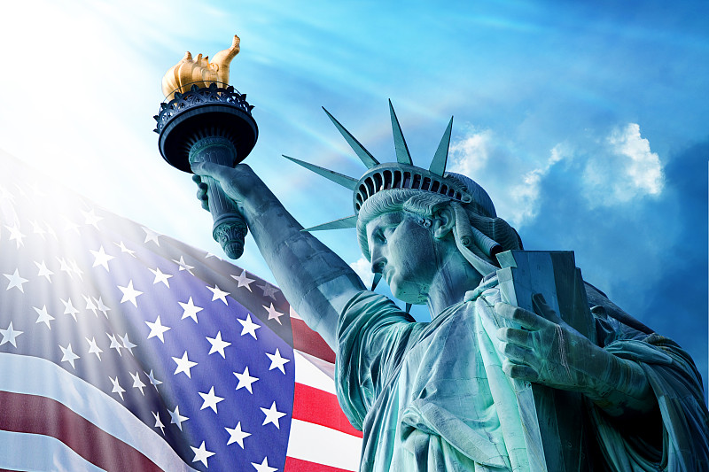 自由女神像,天空,蓝色,在下面,美国,旅游目的地,水平画幅,美国国庆日,无人,海港