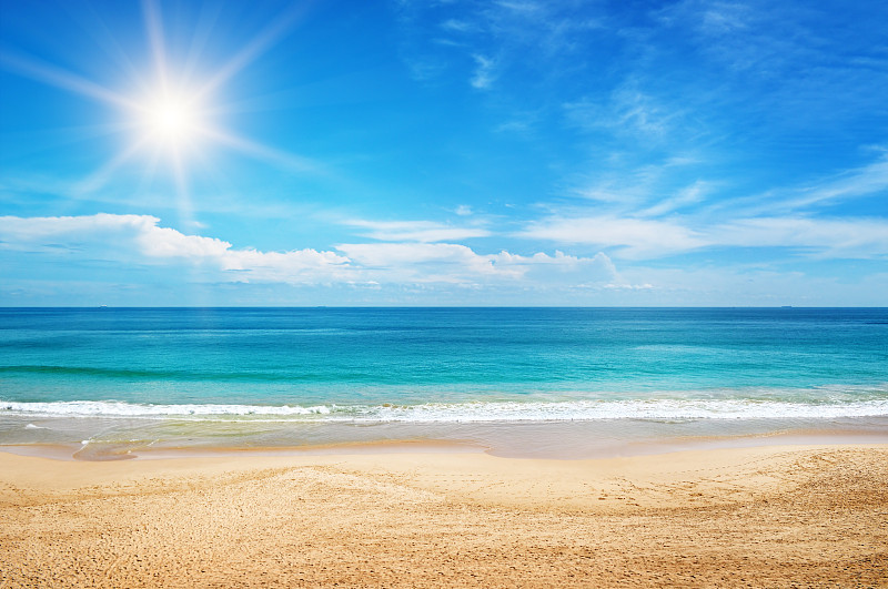 海景,日光,天空,蓝色,地平线,沙子,热,海洋,热带气候,太阳