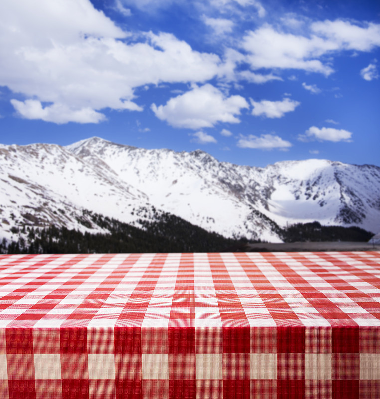 野餐,桌布,山脉,红色,格子图案,背景,野餐桌,空的,云景,雪山
