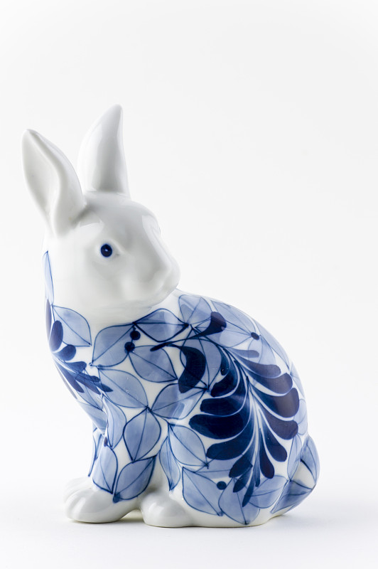 兔子,涂料,青花瓷,复活节兔子,垂直画幅,留白,复活节,无人,蓝色,白色背景
