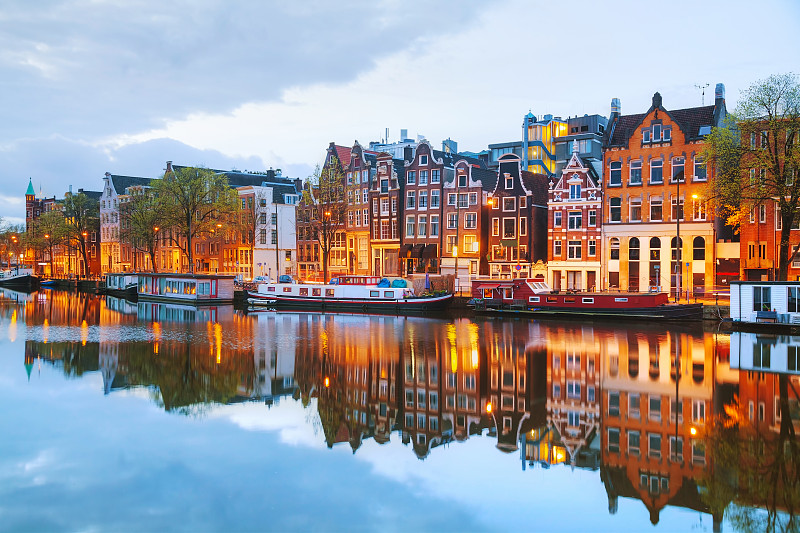 夜晚,荷兰,阿姆斯特丹,都市风景,水,水平画幅,无人,运河,早晨,曙暮光