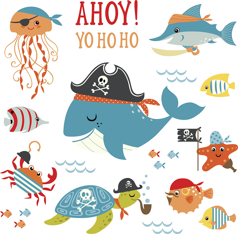 海盗,人老心不老,绘画插图,水下,性格,夏天,卡通,螃蟹,鱼类,海星