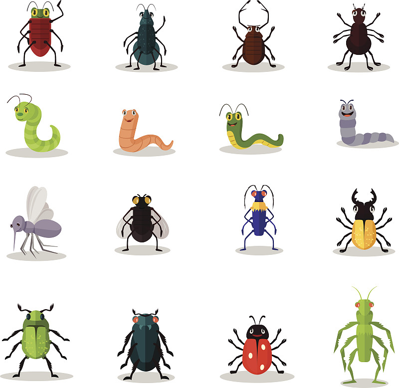昆虫,矢量,图标集,平坦的,蠕虫,萤火虫,蟑螂,瓢虫,欢迎标志,无人