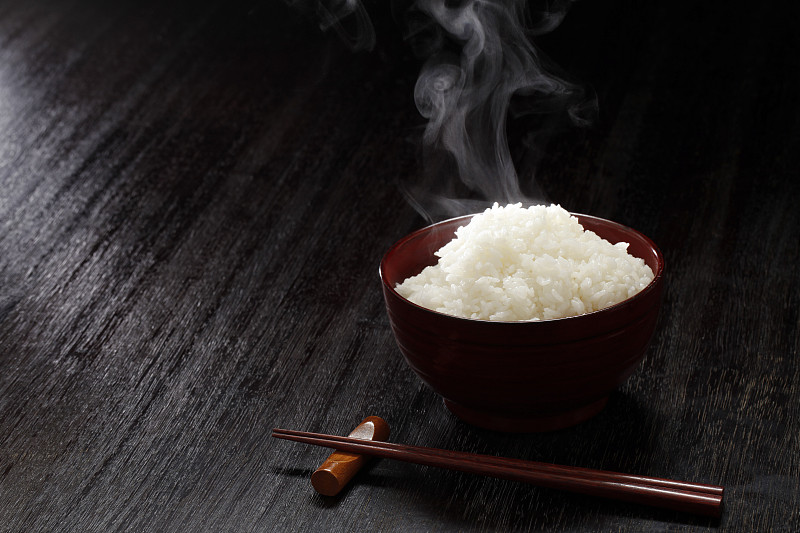 稻,日本,粳米,白米,蒸汽,黑色背景,膳食,水平画幅,黑色,准备食物