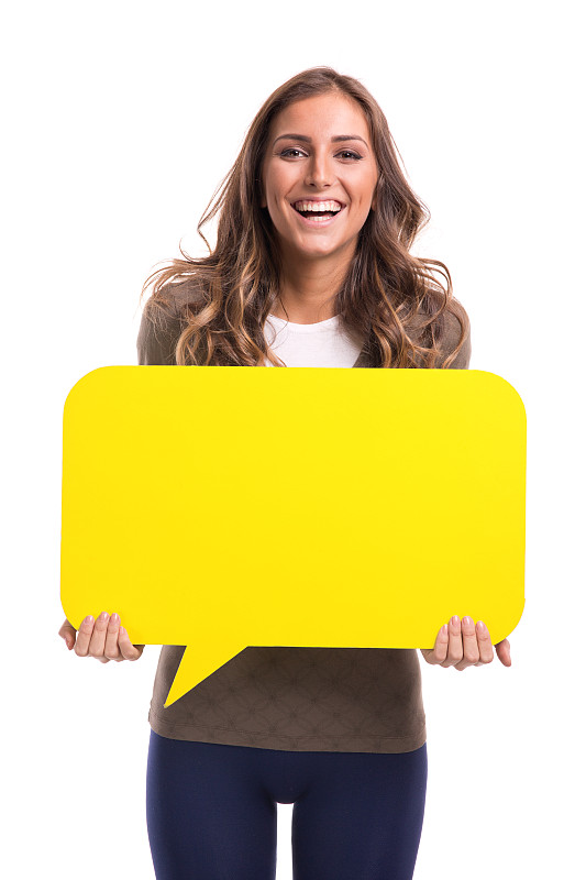 对话气泡框,拿着,青年女人,黄色,布告,标志,垂直画幅,青少年,留白