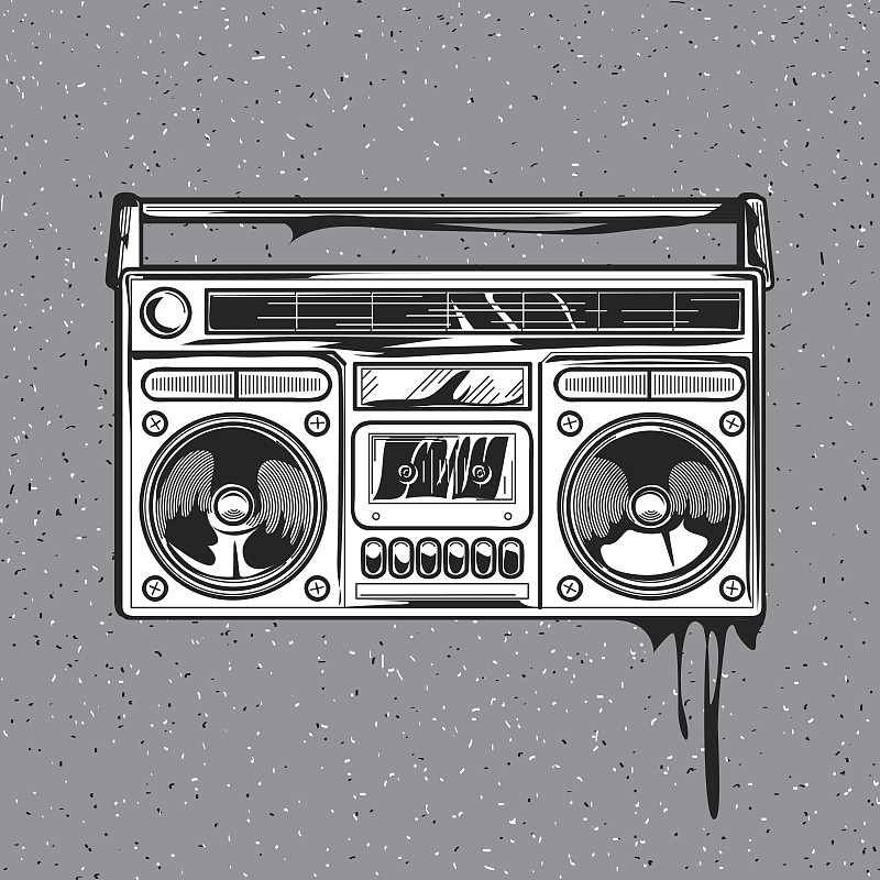 内置扬声器,嘻哈,刻板印象,磁带录音机,收音机,连接插头,高音谱号,盒式录音带,绘画插图,进行中