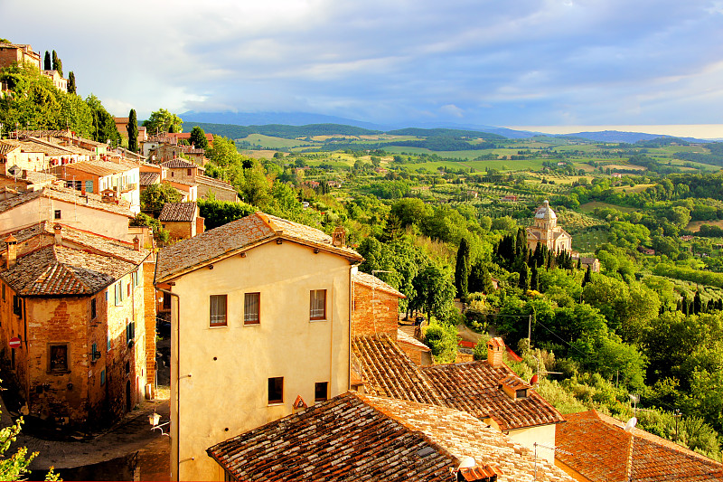托斯卡纳区,意大利,从上面看过去,风景,城镇,水平画幅,山,无人,古老的