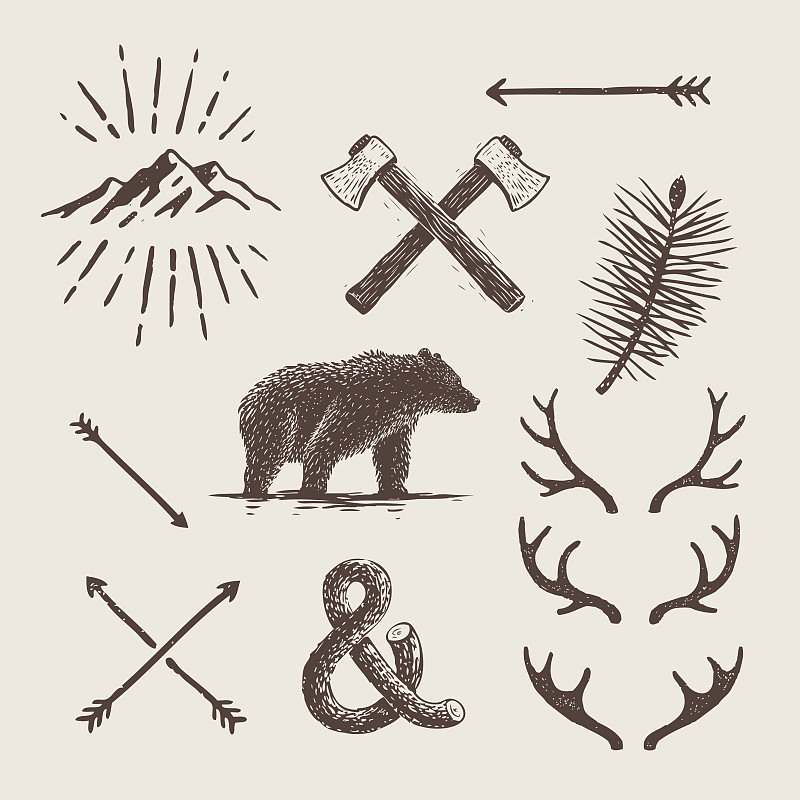 熊,阿拉斯加,鹿角,鹿,山脉,斧,块状,t恤,绘画插图,符号