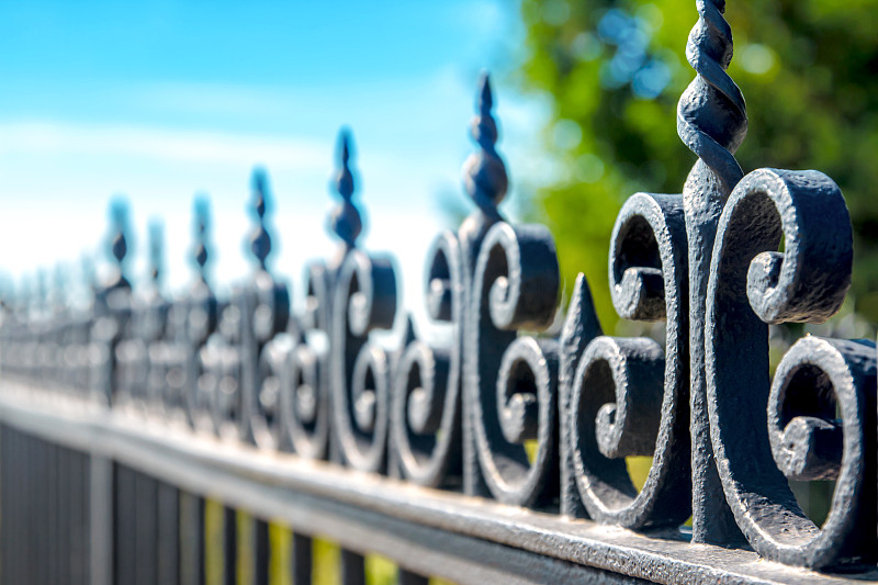 篱笆,铁,选择对焦,透视图,黑色,户外,螺旋雕刻,铁艺,金属格栅,栏杆