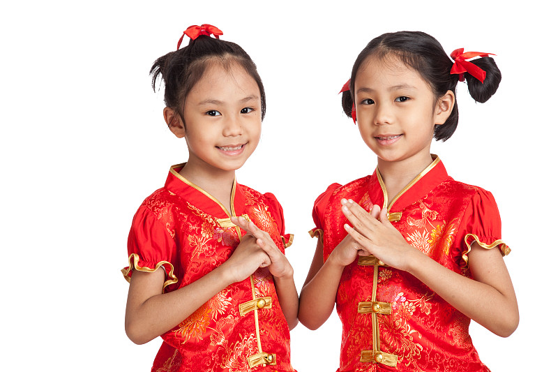 旗袍,双胞胎,女孩,可爱的,姐妹,背景分离,肖像,东亚人,传统节日,传统服装