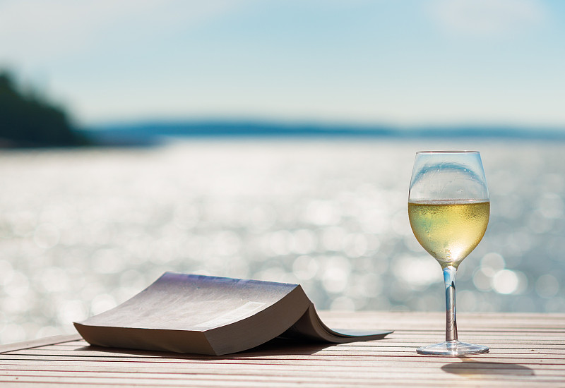 葡萄酒,书,海洋,日光,白葡萄酒,奥兰群岛,夏天,玻璃杯,水,天空