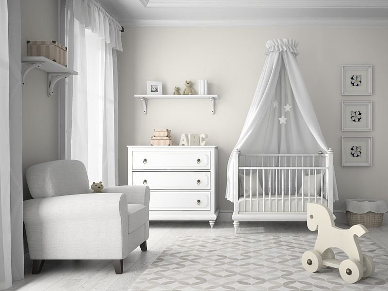 儿童,住宅房间,简单,三维图形,白色,行军床,窗帘,树荫,床,小的