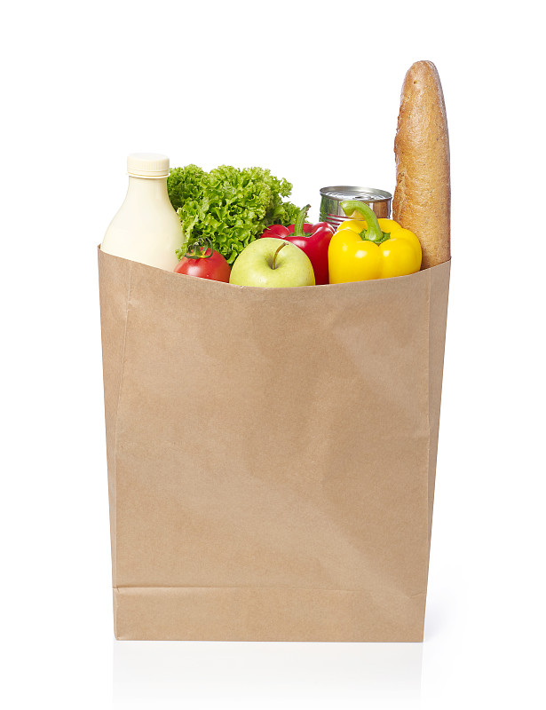 食品杂货,纸袋,环保袋,牛皮纸,罐头,法式长棍面包,蔬菜,奶制品,牛奶瓶,清新