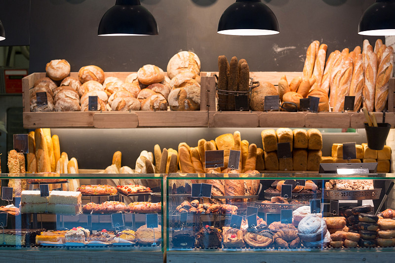面包,面包店,多样,极简构图,百吉饼,水平画幅,蛋糕,牛角面包,烘焙糕点,法式食品
