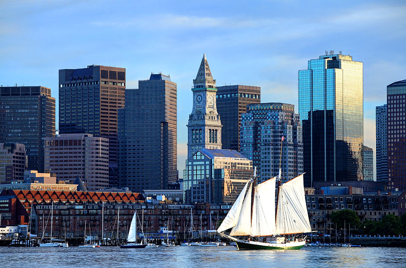 高桅横帆船,城市天际线,波士顿港,波士顿,马萨诸塞,海港,水平画幅,无人,夏天