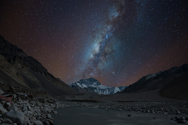 珠穆朗玛峰,银河系,北,在上面,珠峰大本营,寒冷,暗色,长的,尼泊尔,色彩鲜艳