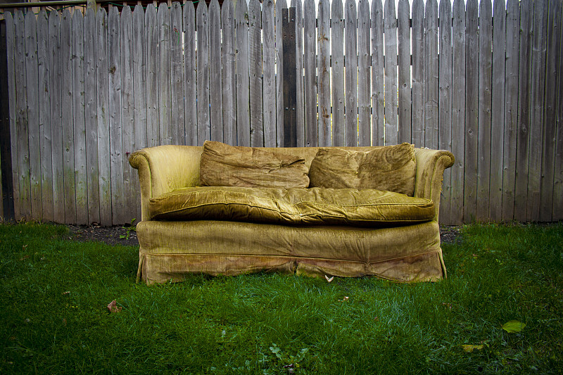 古老的,草,沙发,黄色,里面翻到外面,后院,古董,水平画幅,木制,无人
