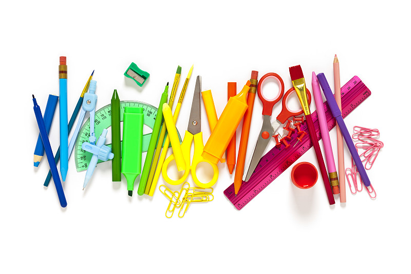 学校用品,白色背景,回形针,毡尖笔,多样,边框,铅笔,色彩鲜艳,设备用品,尺